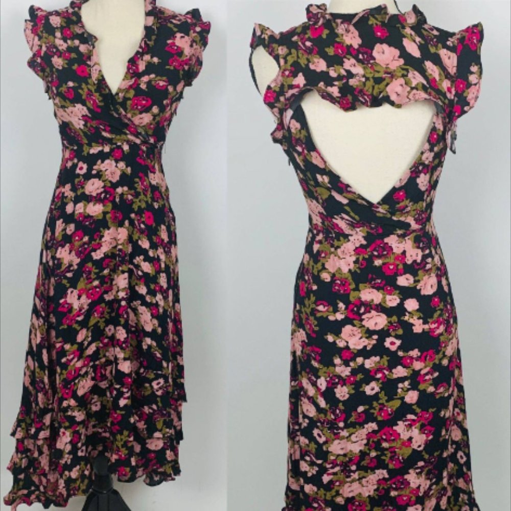 Anthropologie Floral Ruffle Dress - Black and Pink